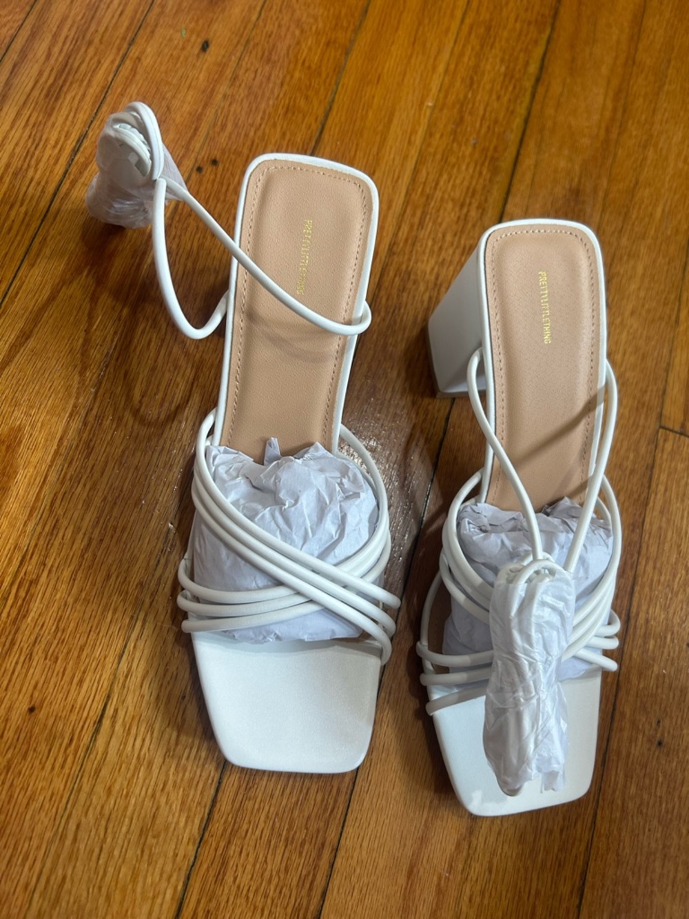 Pretty Little Thing Beige PU‎ Extreme Strappy Square Toe Heeled Sandals 7/40